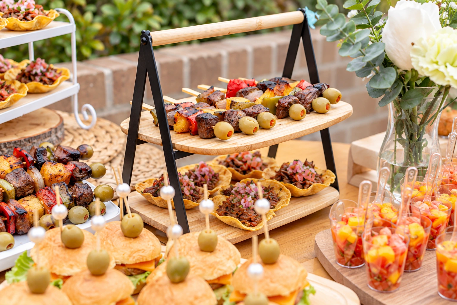 Mesa de catering con pasabocas gourmet, mini hamburguesas y brochetas para eventos de La Vittoria Celebraciones