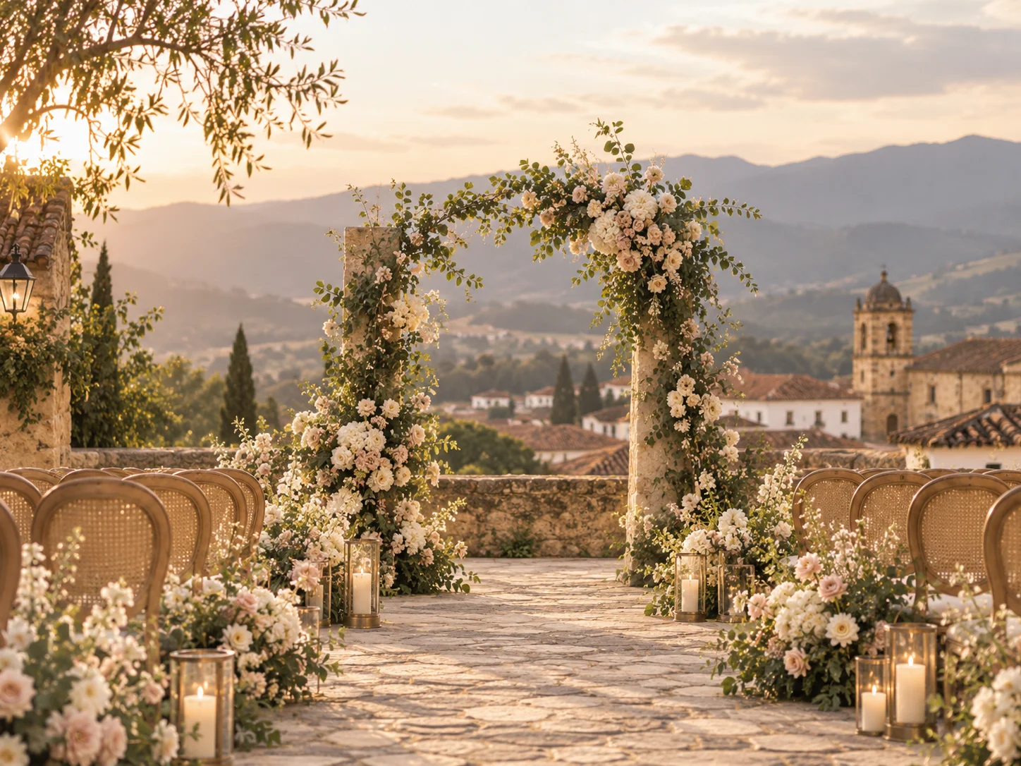 Ceremonia de boda en Colombia con arco floral y paisaje de montaña